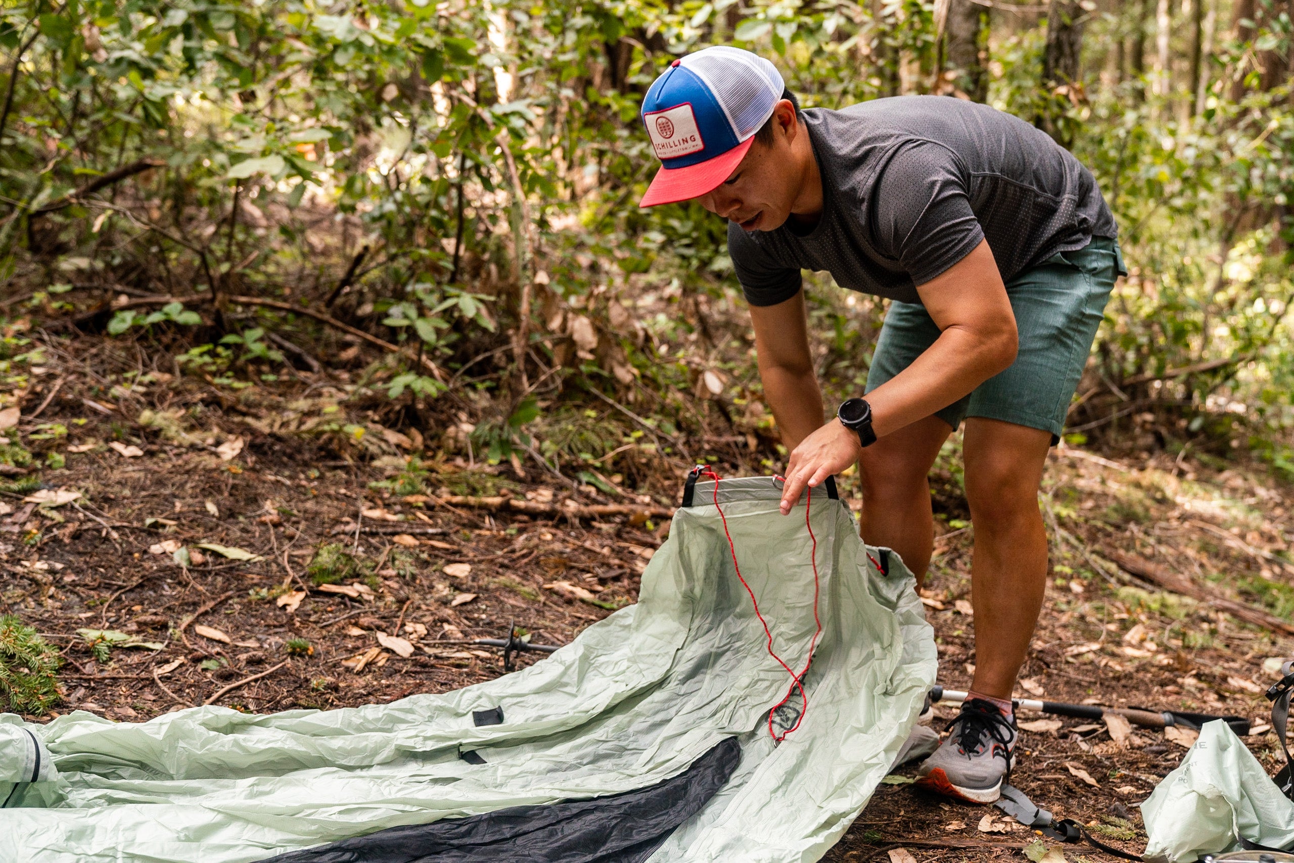 Load video: Featherstone Backpacking Trekking Pole Tent Setup